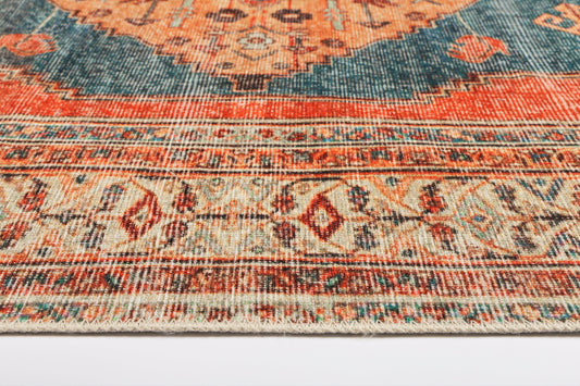 Distressed Louvre Rustic Blue Washable Rug - VITAL 3181-00