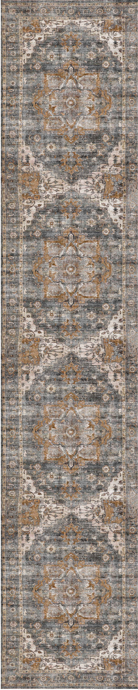 Distressed Vintage Cezanne Rabbit Gray Inca Gold Runner Rug - VITAL 2244-04