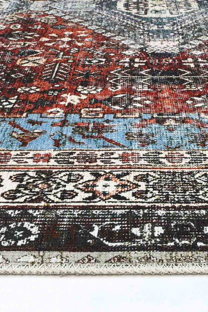 Loane Distressed Vintage Ruby & Sky Blue Rug - VITAL 2923-00 (with fringe)
