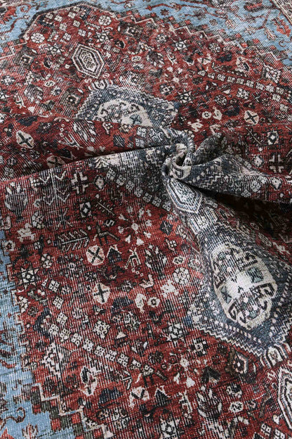 Loane Distressed Vintage Ruby & Sky Blue Rug - VITAL 2923-00 (with fringe)